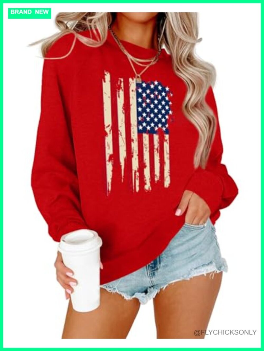 Womens USA Sweatshirt Crewneck Long Sleeve Patriotic Pullover